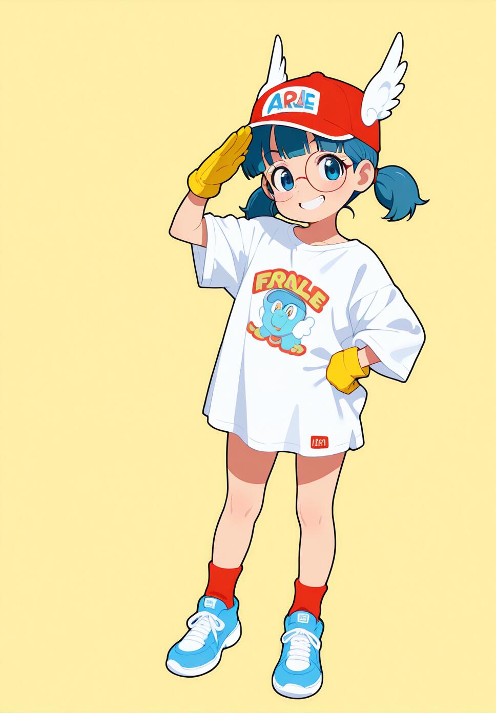 A colorful flat vector illustration of Arale Norimaki from Dr. Slump, smiling and saluting, wearing a red cap, blue twintails, and an oversized white shirt against a yellow background.