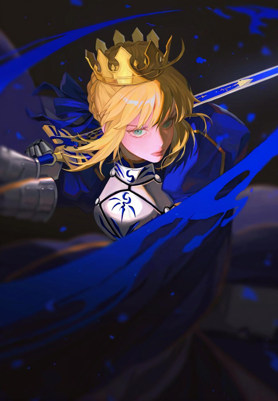 Artoria Pendragon from the Fate series wielding a sword in armor during a battle.