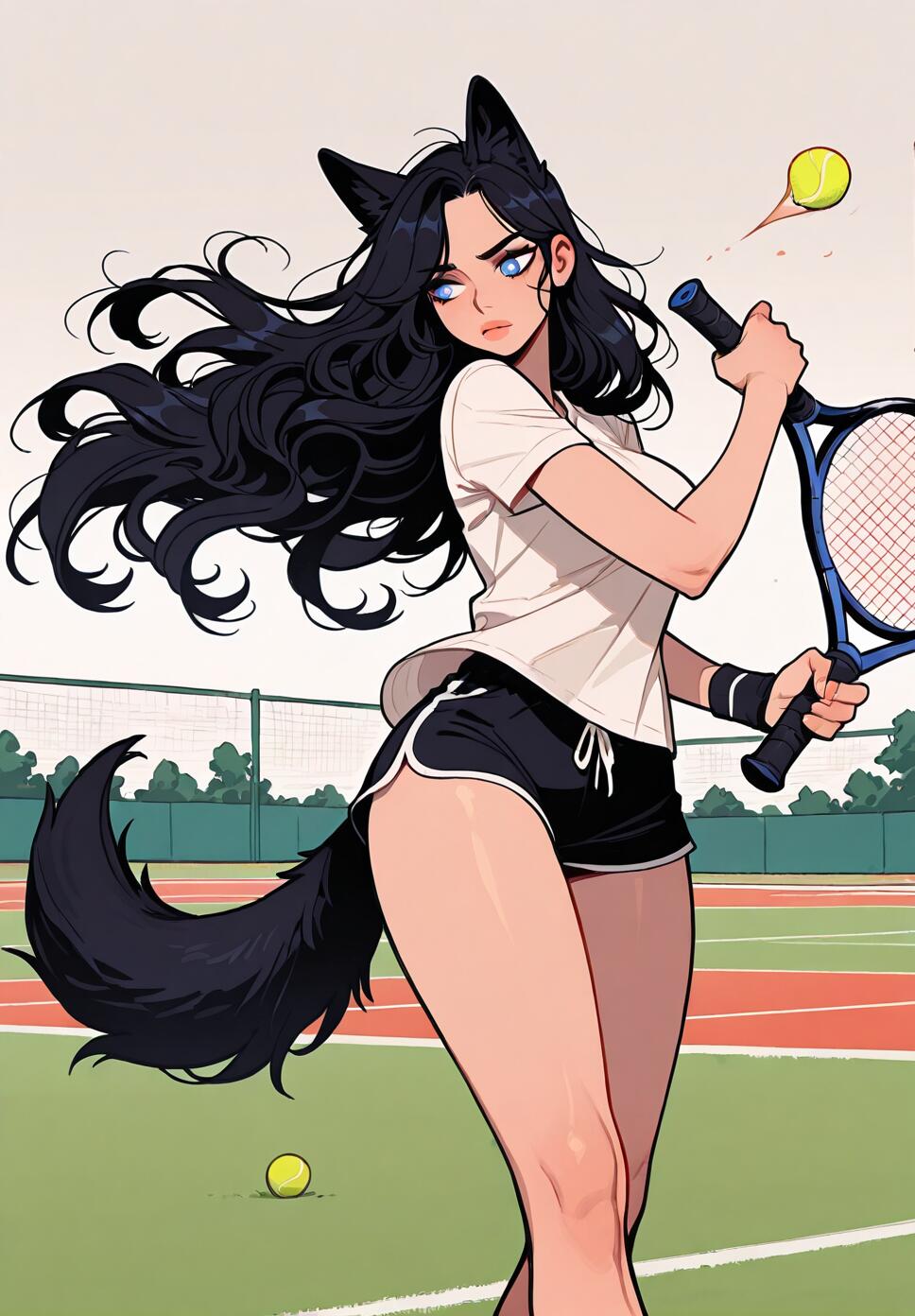 A dynamic shot of a black-haired woman with wolf ears and a tail playing tennis on a court, wearing a white t-shirt and black shorts.