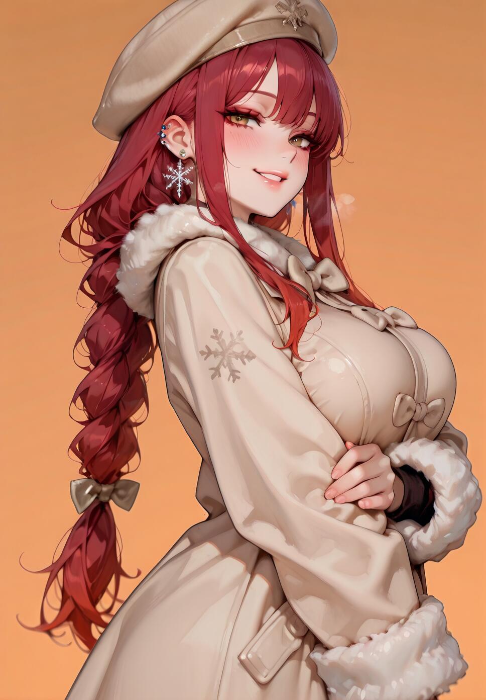 A beautiful woman with long red braided hair and hazel eyes, wearing a beige fur-trimmed coat and hat, posing against a bright orange background.