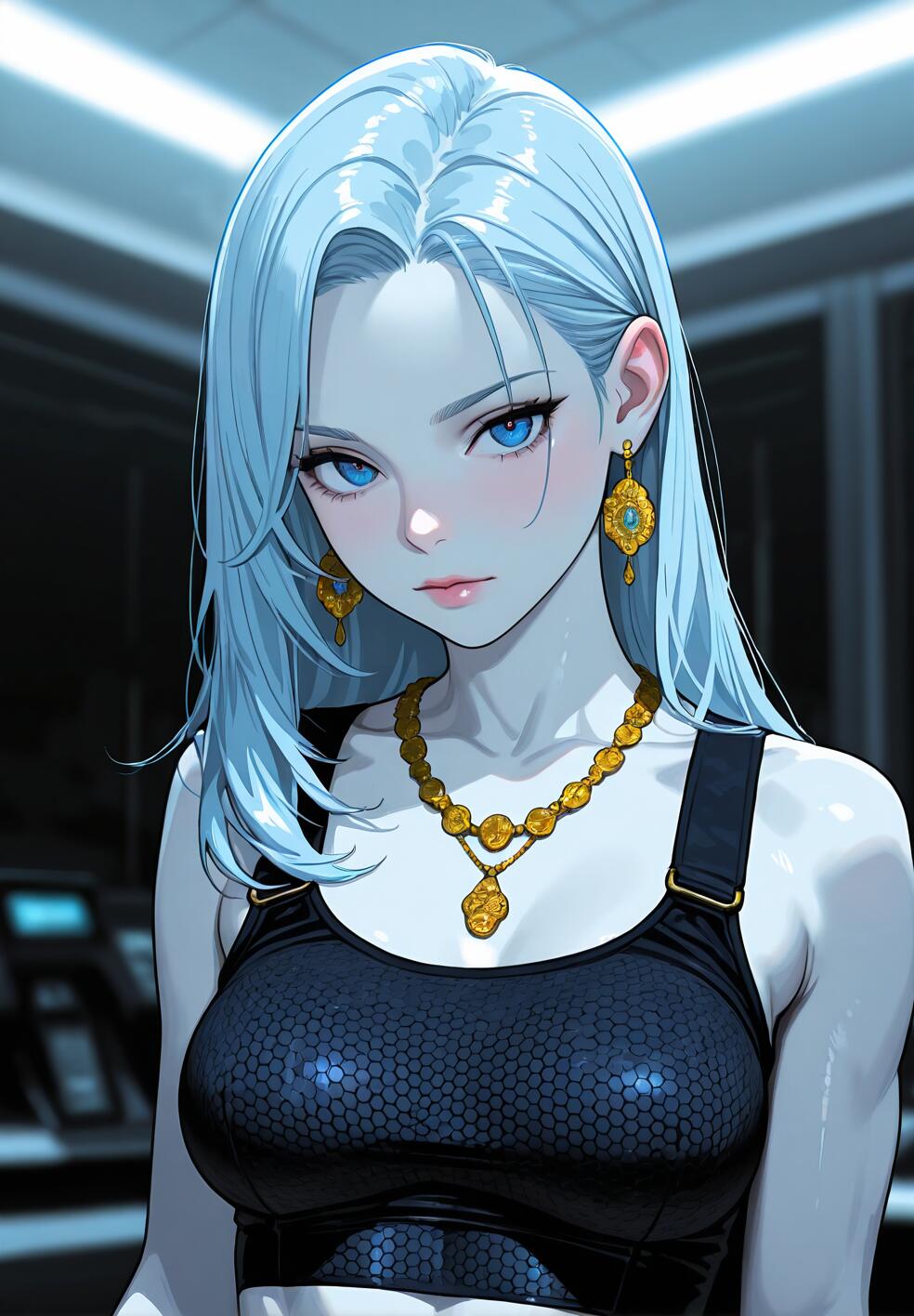 Close-up portrait of a woman with light blue honeycomb-textured skin, blue eyes, and intricate gold jewelry.