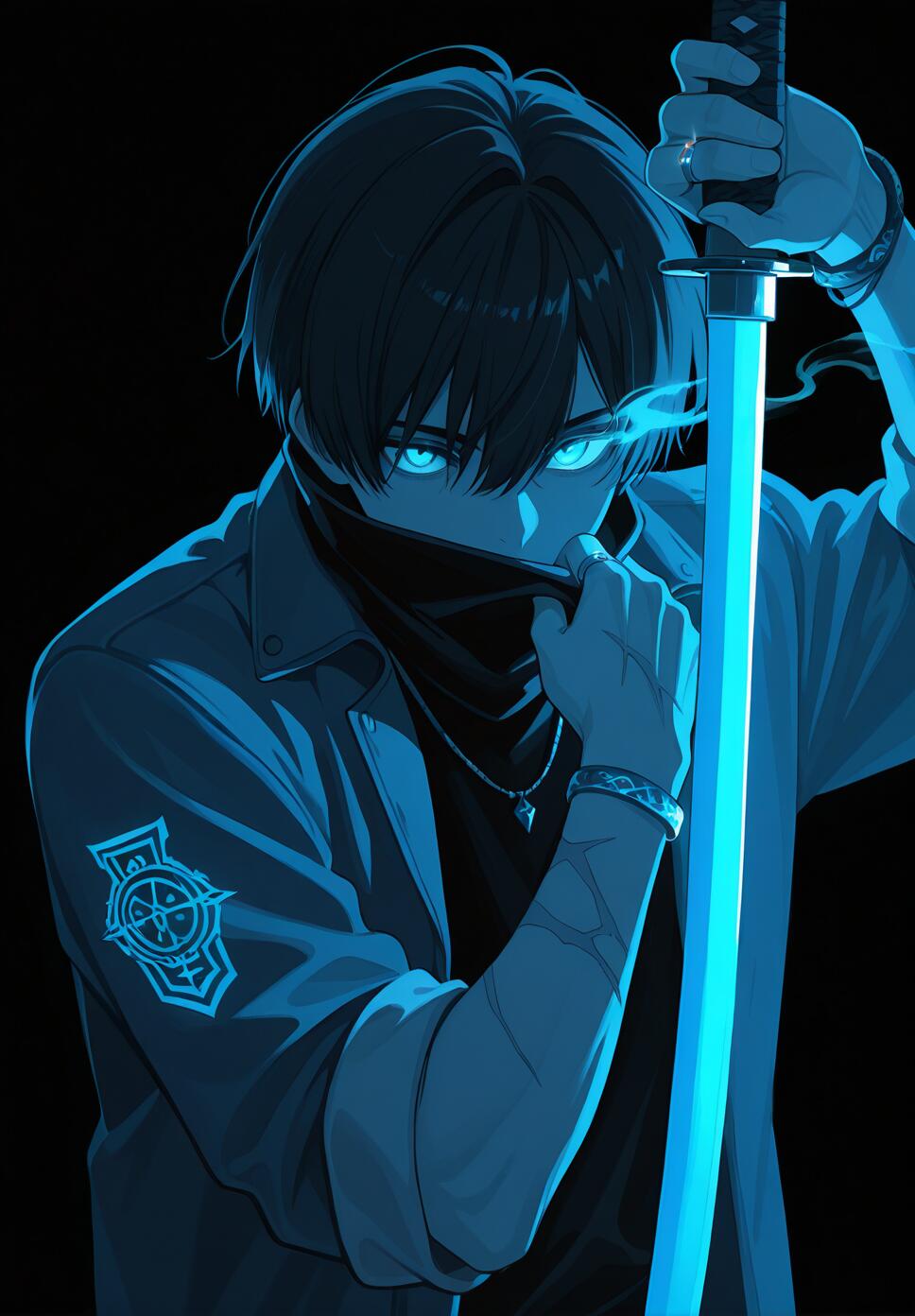 A flat vector illustration of a male swordsman with black hair, blue eyes, and a glowing katana against a dark background.