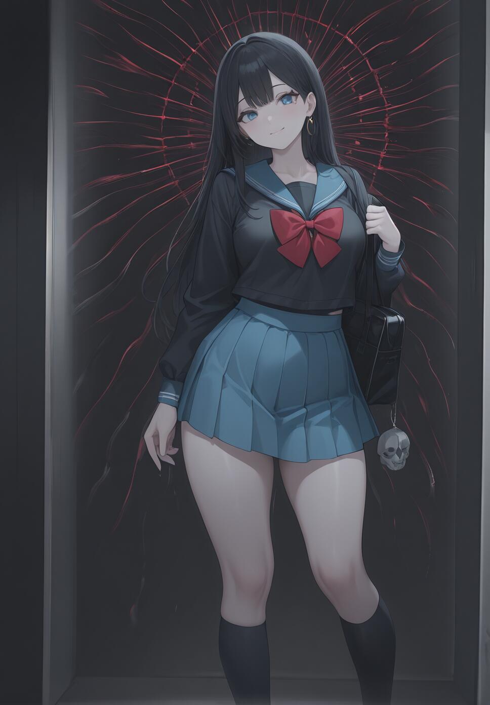 A girl with long black hair and blue eyes wearing a blue sailor school uniform with a red bow and pleated skirt.