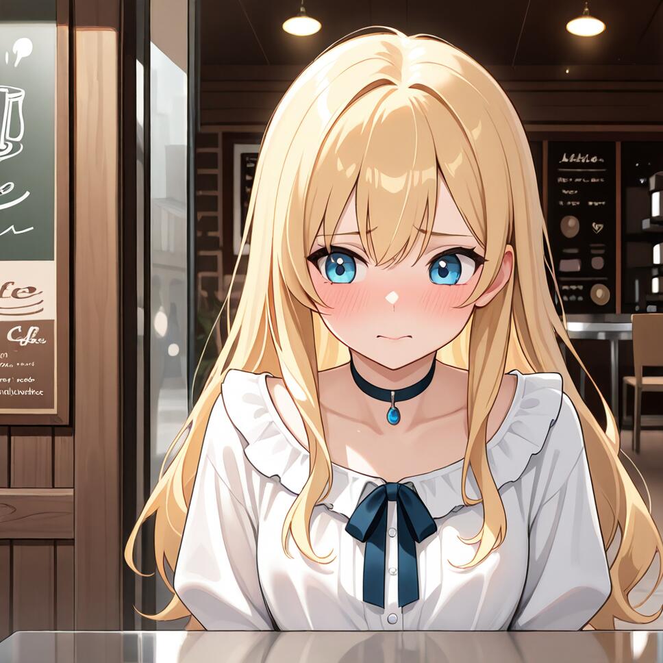 A blonde woman with blue eyes and a blushing expression sitting at a metal table in an outdoor cafe, wearing a blouse and a choker.
