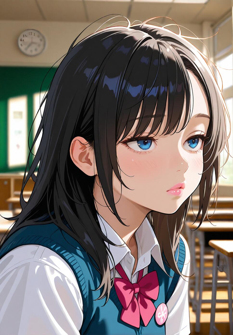 A realistic portrait of a woman with blue eyes and messy hair wearing a school uniform in a classroom setting.