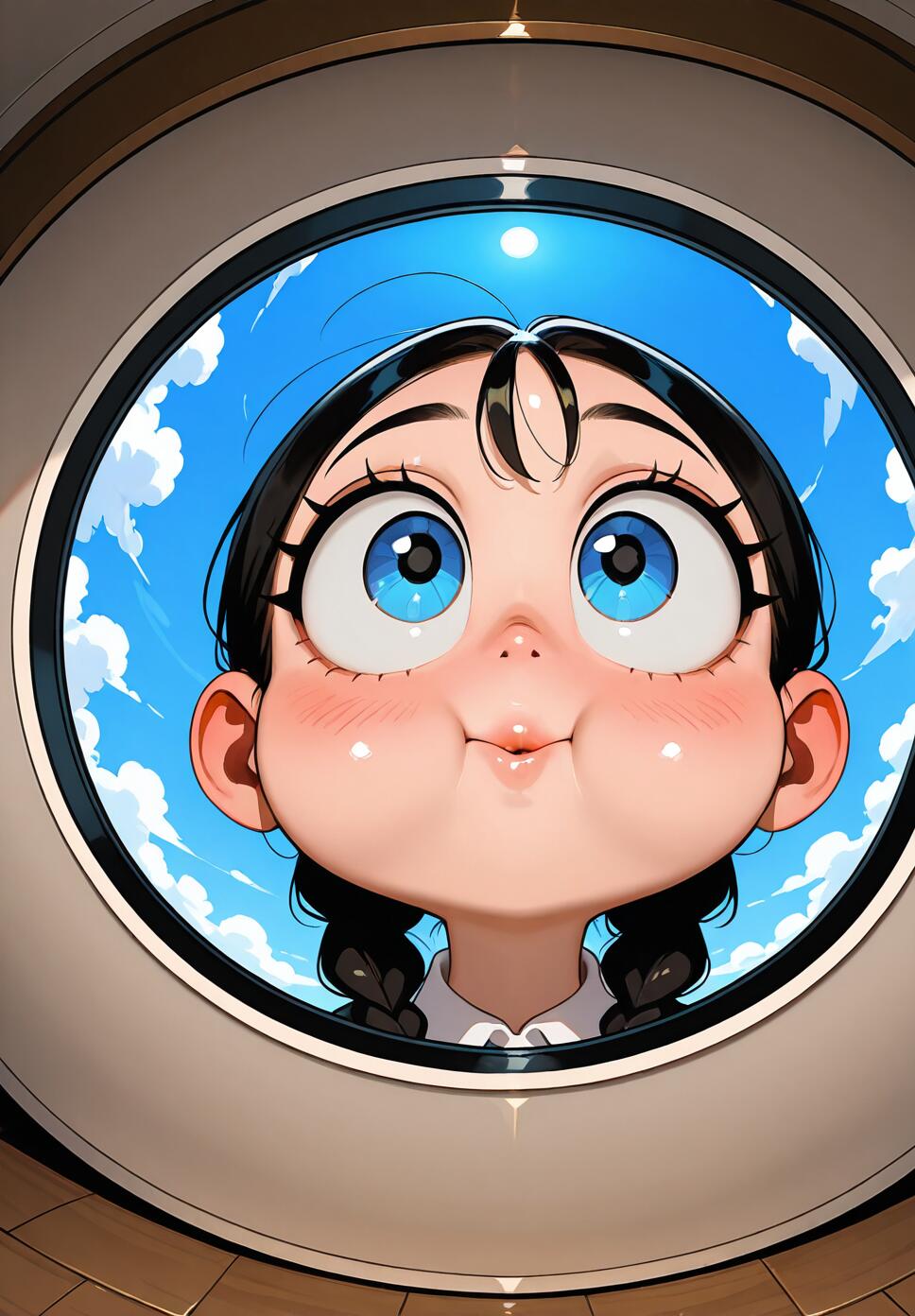 A fisheye lens close-up of a woman with large expressive eyes and a braided bun looking upwards.