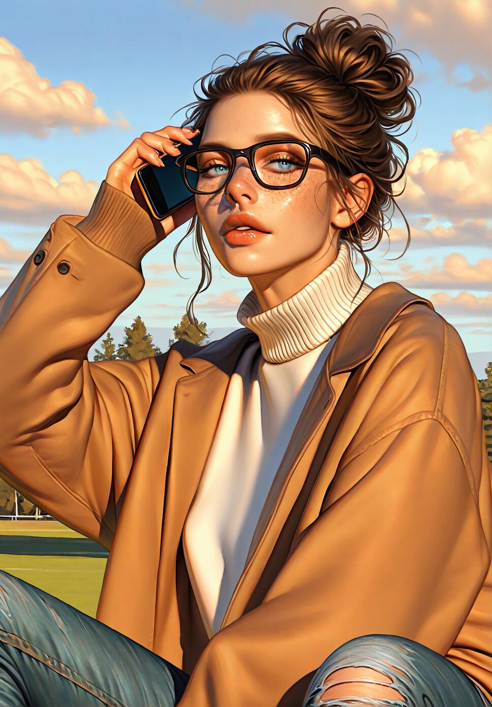 A young woman with freckles, light blue eyes, and thick-framed glasses wearing a brown jacket and torn jeans, sitting in a park during a cloudy morning.