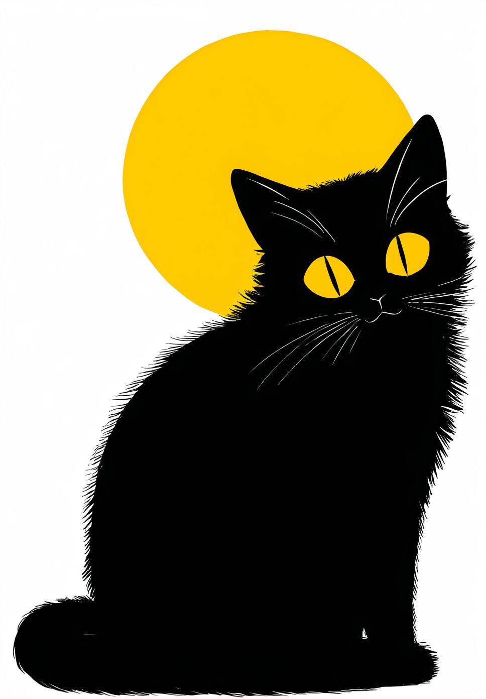 A black cat with yellow eyes and slit pupils sitting against a white background with a red moon and sun motifs.