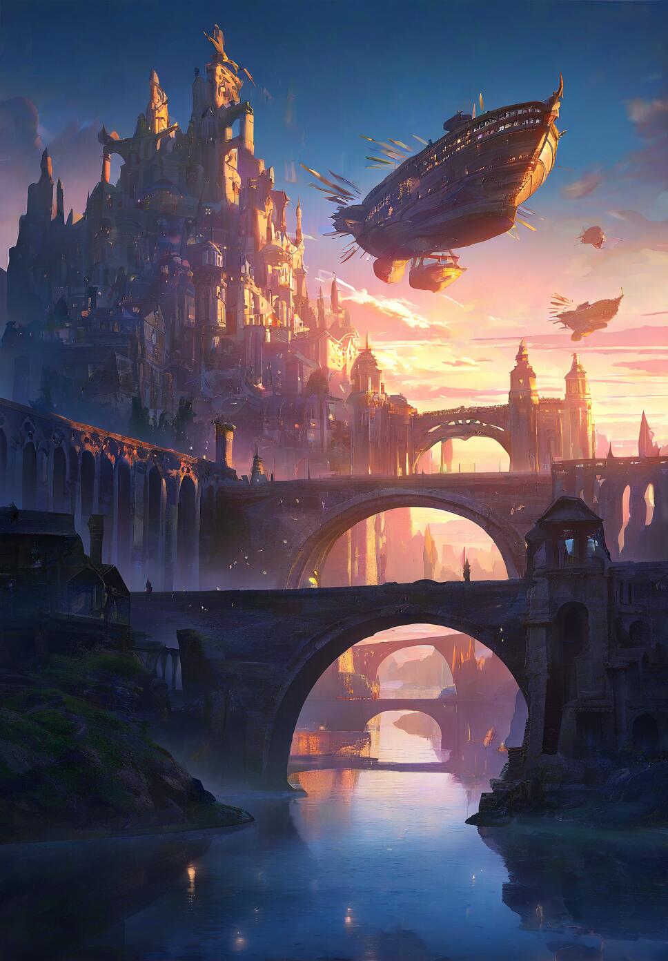 A breathtaking fantasy landscape featuring a massive stone bridge, a floating sky city, and an airship under a golden sunset sky.