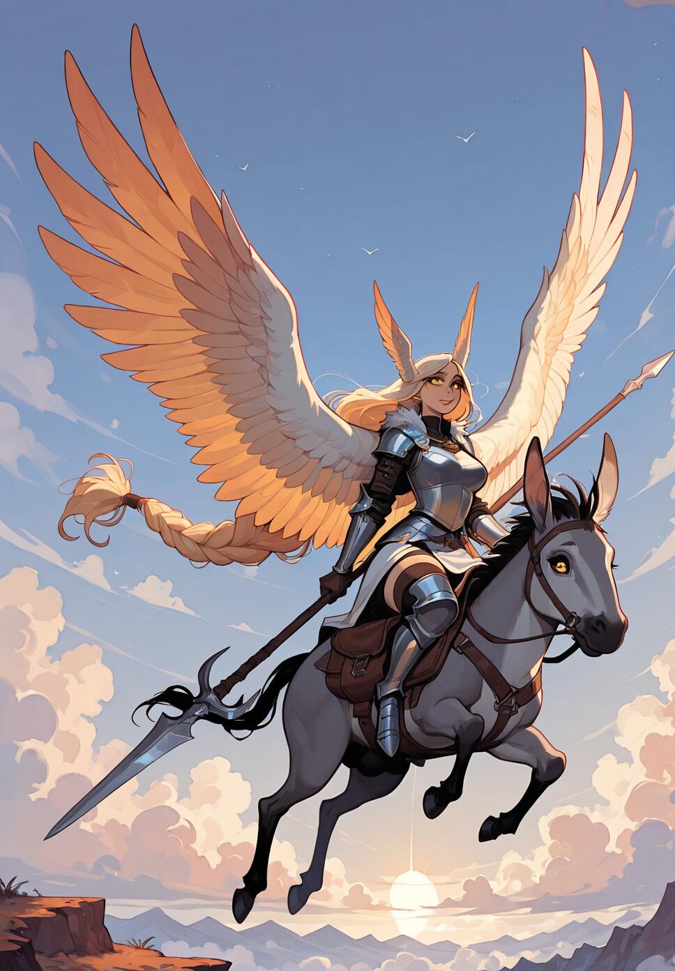 A blonde Valkyrie with massive wings and golden eyes riding a flying donkey through a cloudy, epic sky.