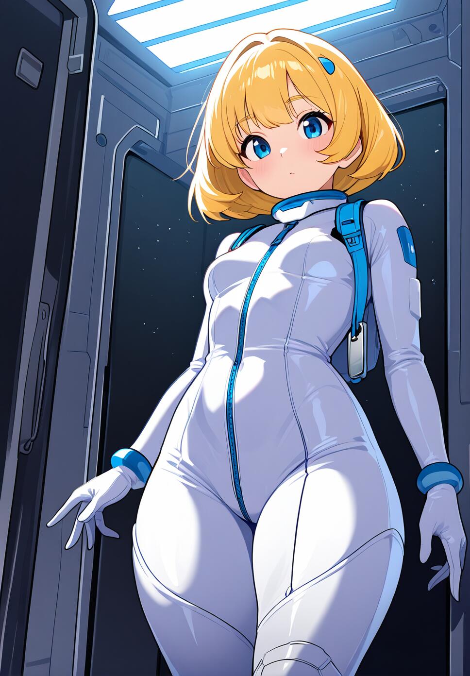 A close-up, highly detailed portrait of a spacegirl wearing a futuristic, sleek bodysuit with dramatic lighting and piercing eyes.