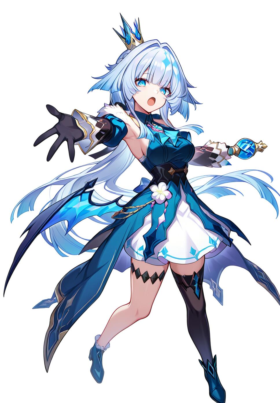Full body portrait of Cerydra, a blue-haired character with wings, wearing a crown, a sleeveless dress with fur trim, and black thighhighs, posing dynamically against a white background.