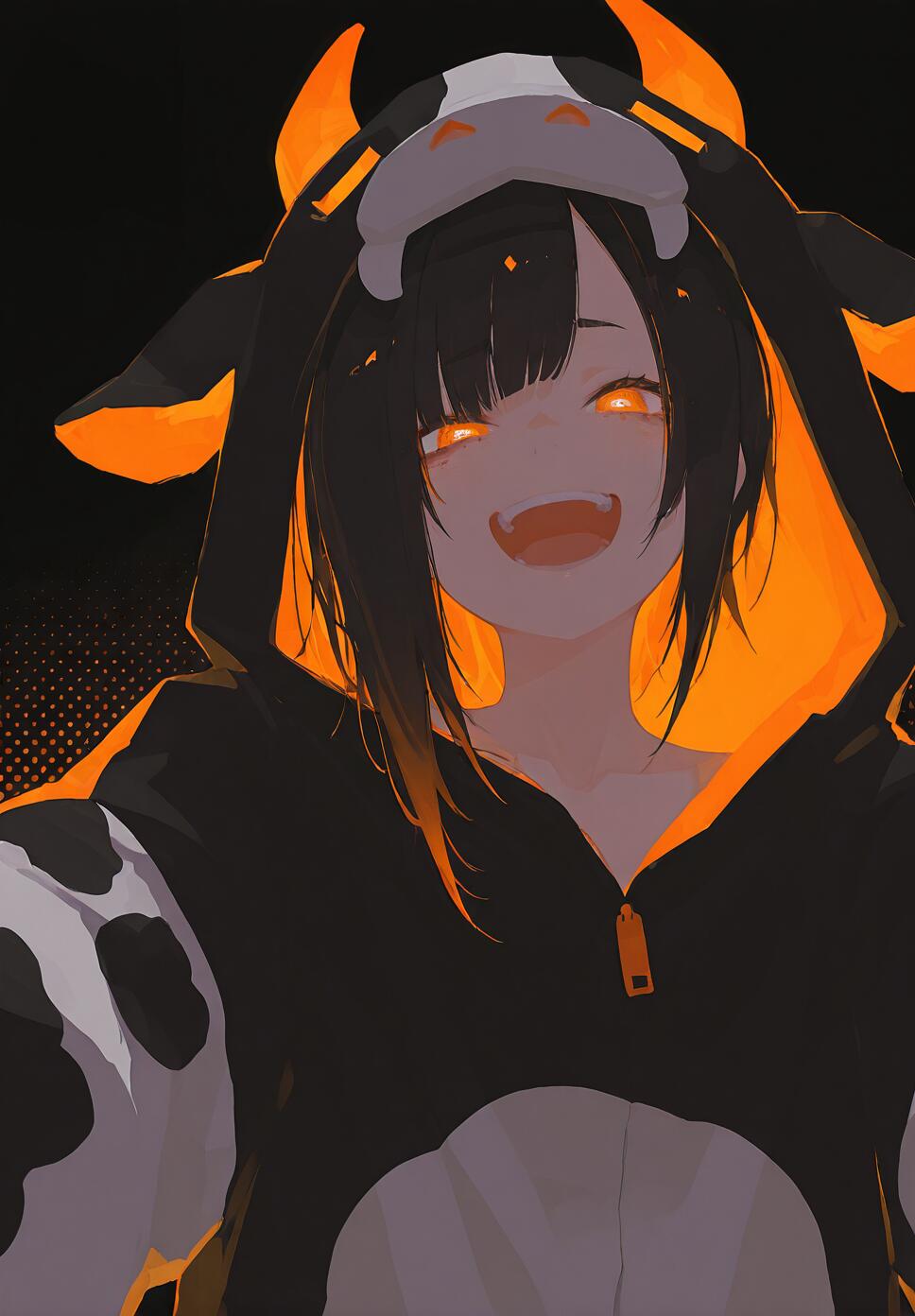 A laughing girl in a cow-themed costume with orange accents, flying against a black halftone background.