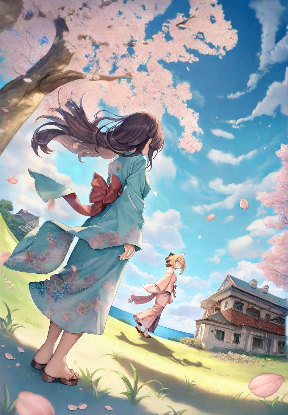 Two girls in beautiful kimonos standing under blooming cherry blossom trees with pink petals falling around them in a scenic spring landscape.