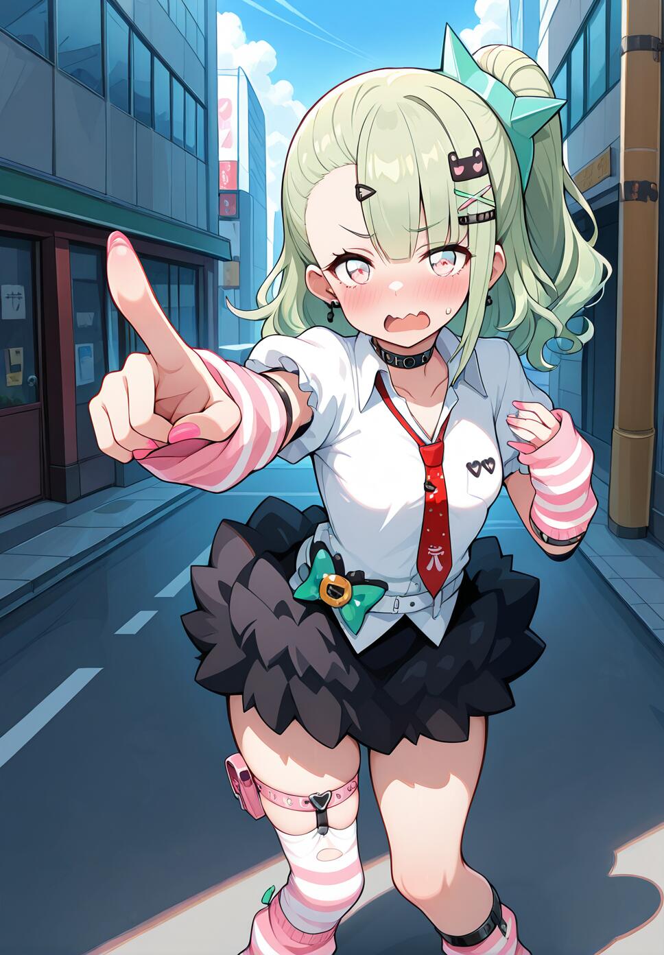 Chinatsu with green hair and pink eyes pointing at the viewer in a city setting.
