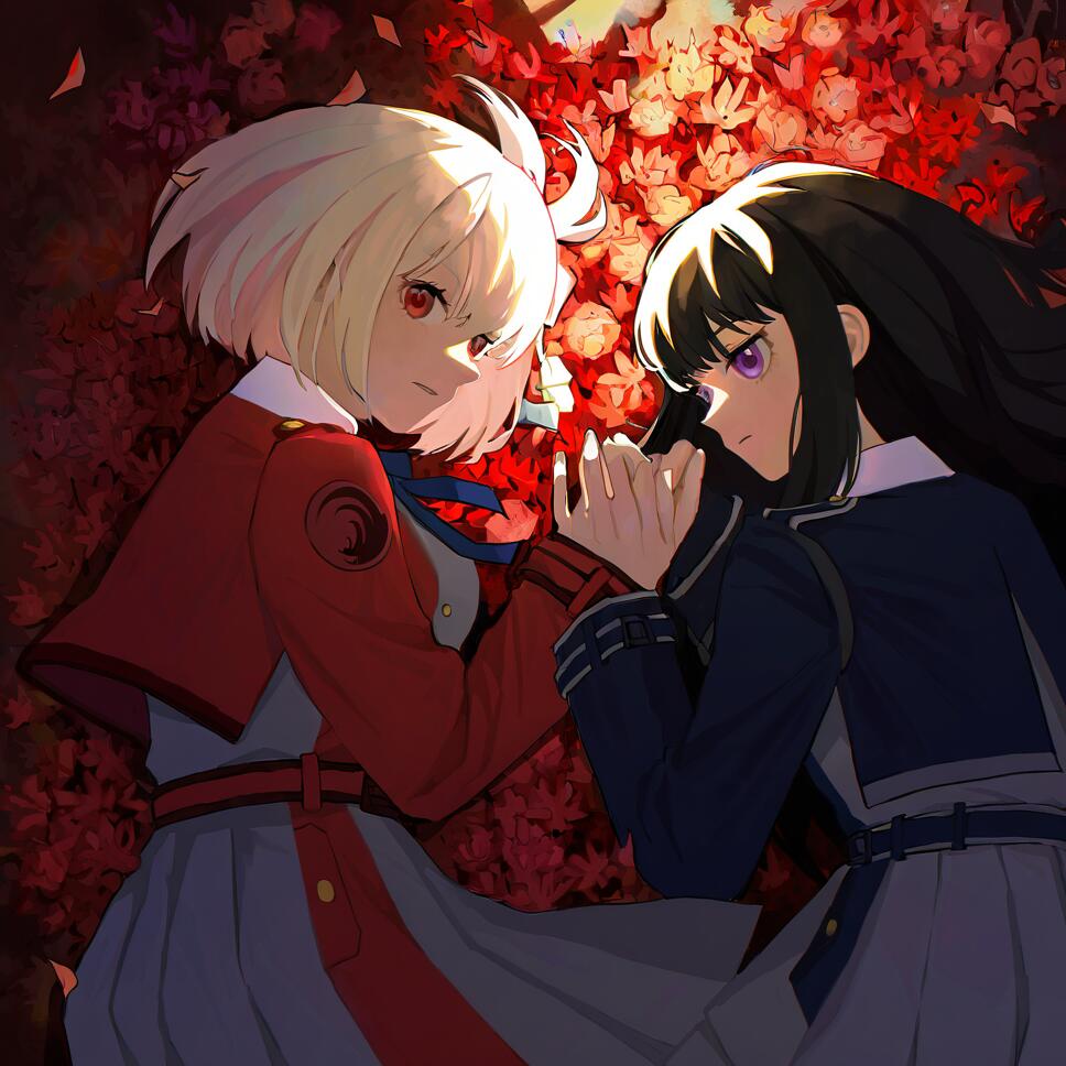 Chisato Nishikigi and Takina Inoue from Lycoris Recoil lying in a field of flowers under soft backlighting.