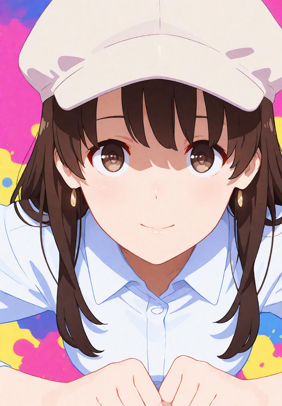 A highly detailed close-up portrait of a girl with brown hair, bangs, and a hat, wearing a white collared shirt and smiling softly.