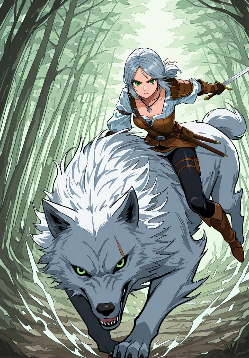 Ciri from The Witcher riding a massive white wolf through a sunlit, epic forest landscape.
