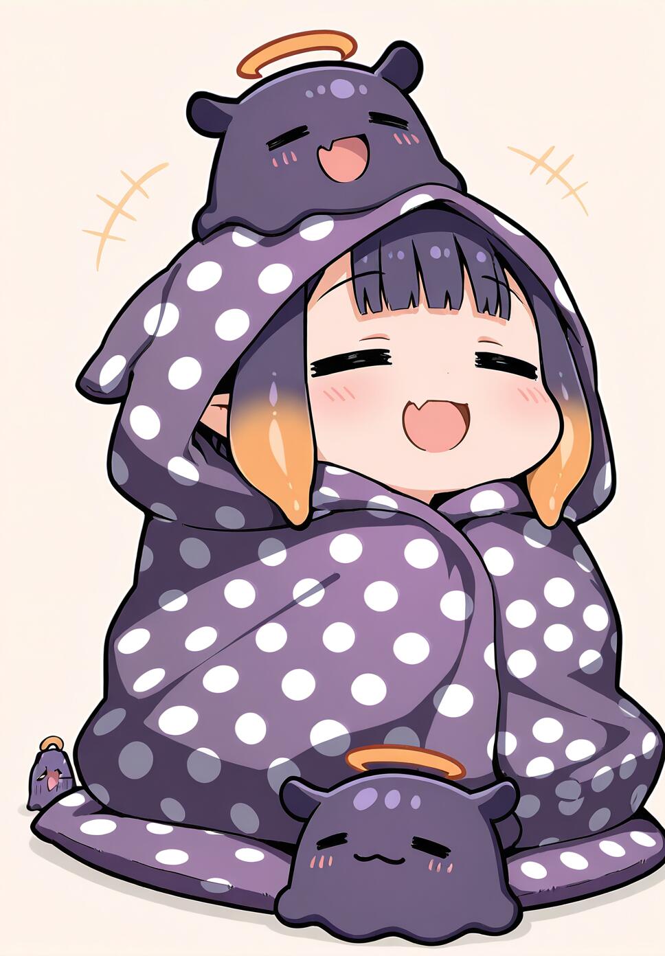 Chibi Ninomae Ina'nis from Hololive wrapped in a purple polka dot blanket with a Takodachi on her head.