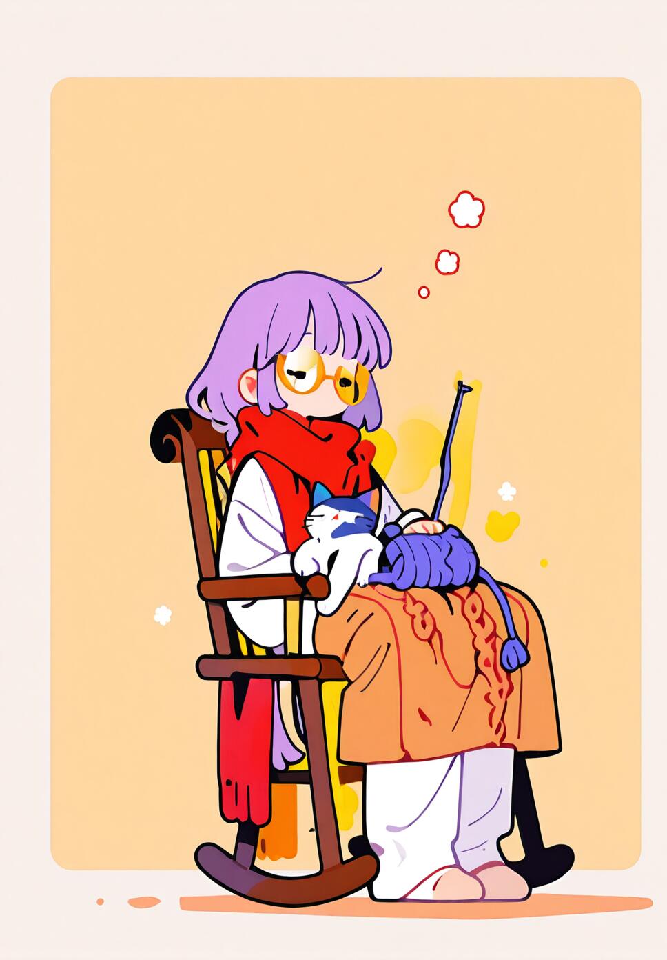 A flat vector illustration of an elderly anthropomorphic cat wearing glasses, sitting in a rocking chair and knitting a very long scarf with a small cat sleeping on her lap.
