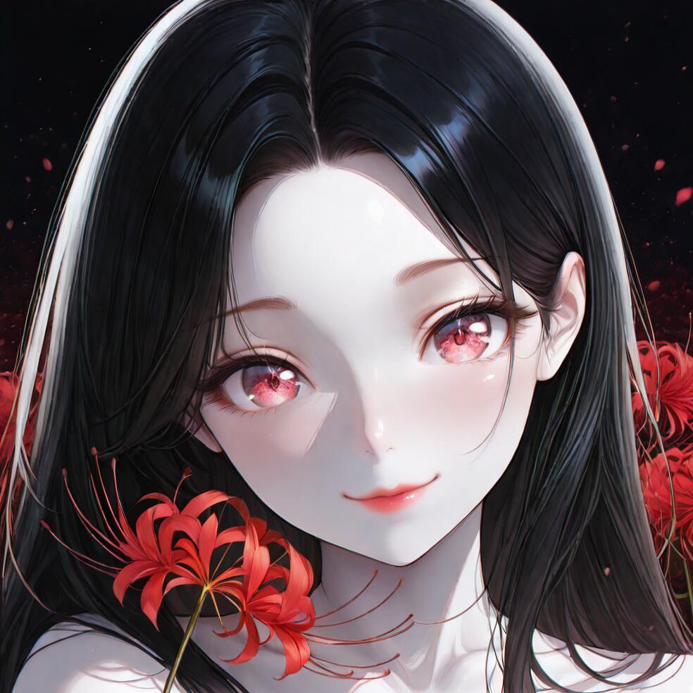 Close-up of a girl with long black hair, sparkling red eyes, and a mischievous smile holding a red spider lily against a red paint splatter background.