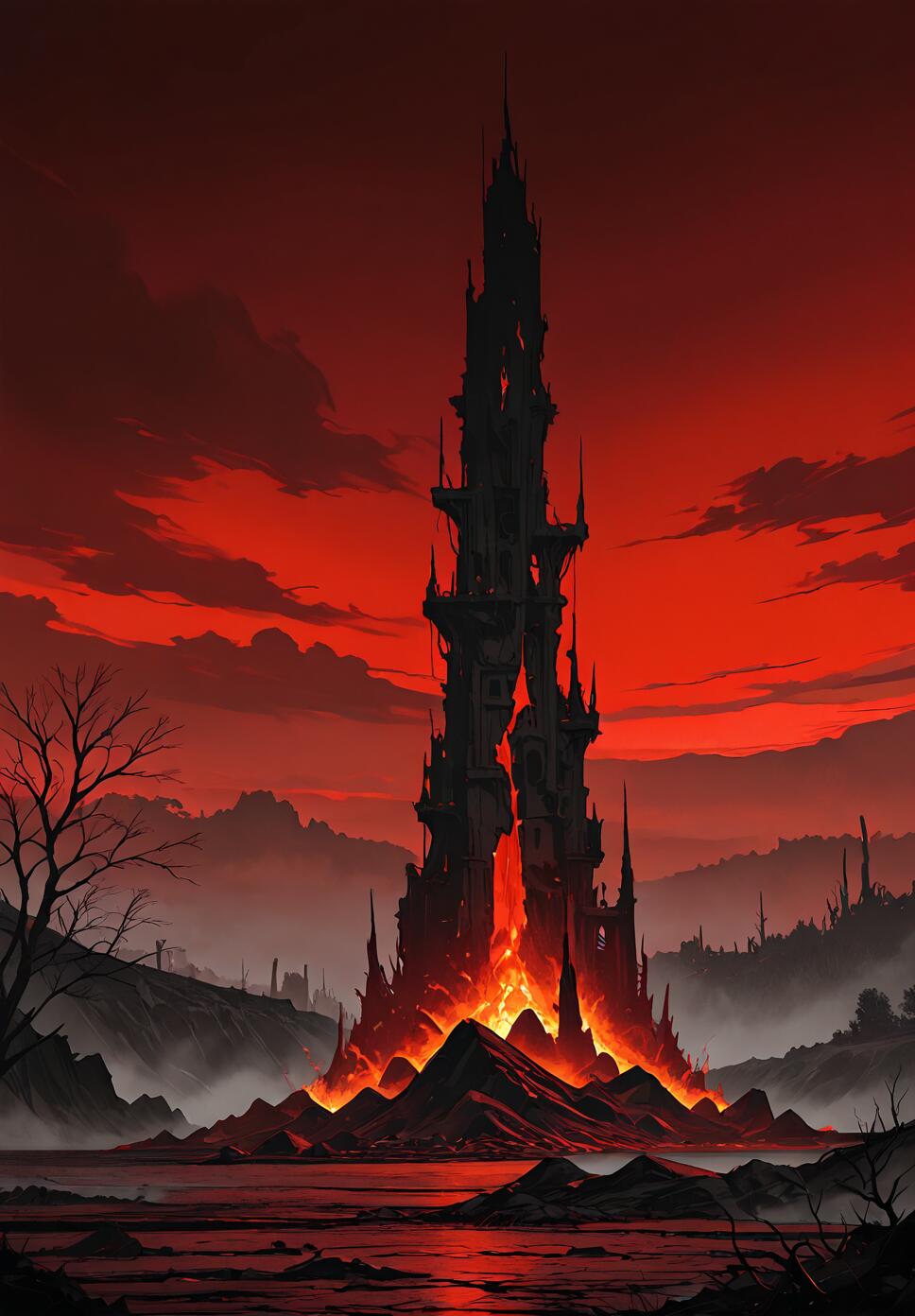 A dark fantasy horror landscape featuring a crimson sky, blood-red mist, dead twisted trees, and ominous ruins under a burning horizon.
