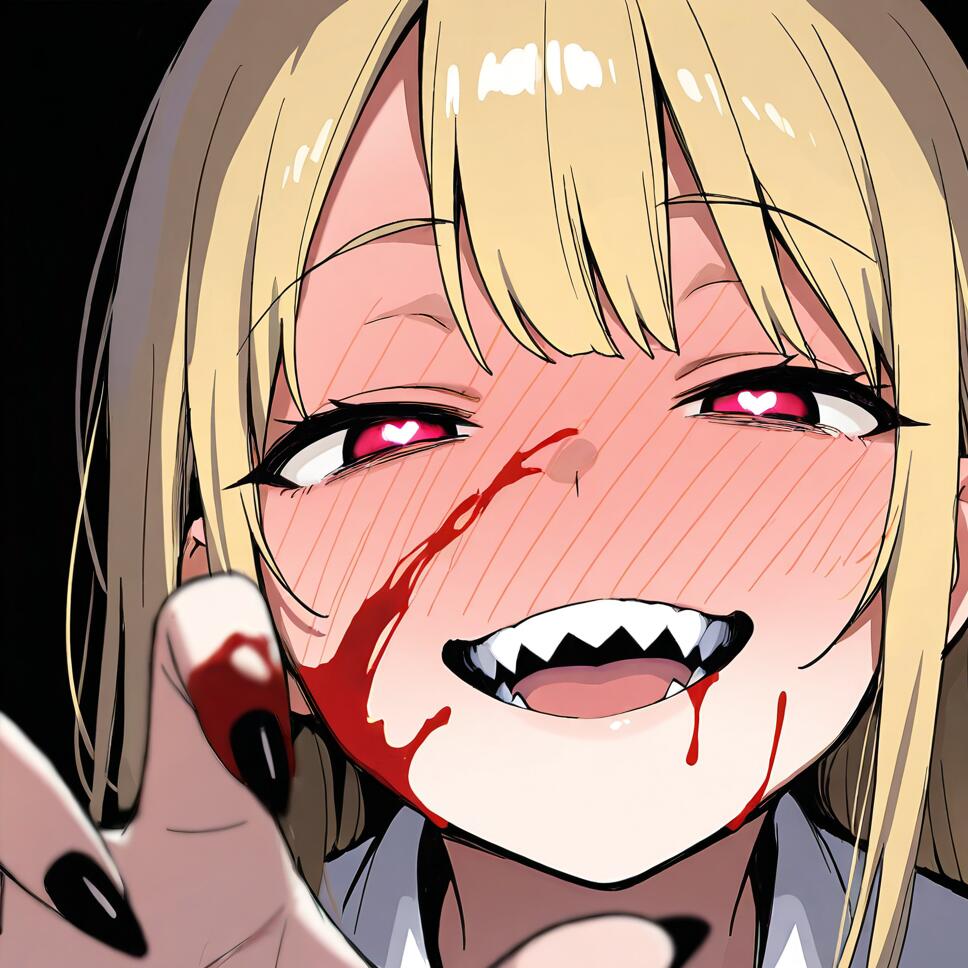 A painterly sketch of a blonde schoolgirl with heart-shaped pupils, blood on her face, and a smug, deranged expression against a black background.