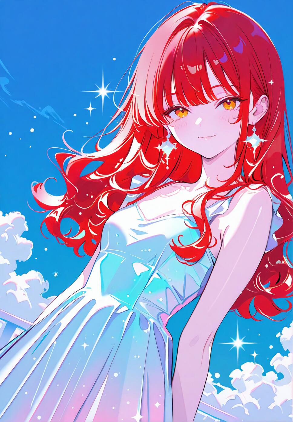A girl with long curly red hair and orange eyes looking at the viewer with a timid smile under a sparkling blue sky.