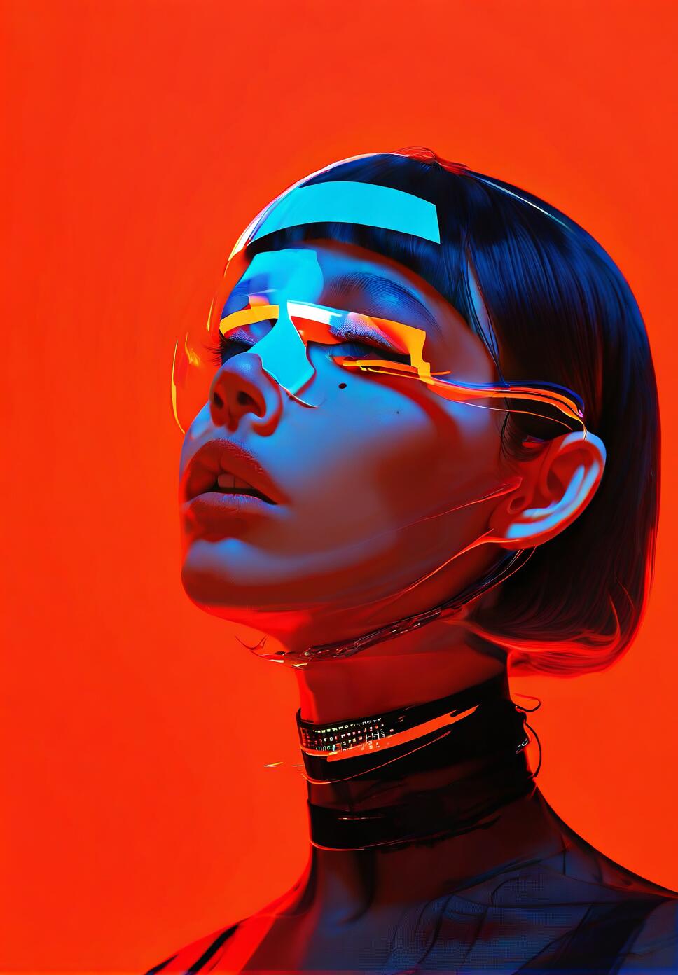 Close-up portrait of a woman with short bob hair and a choker, featuring blue digital glitch effects on a vibrant orange background.