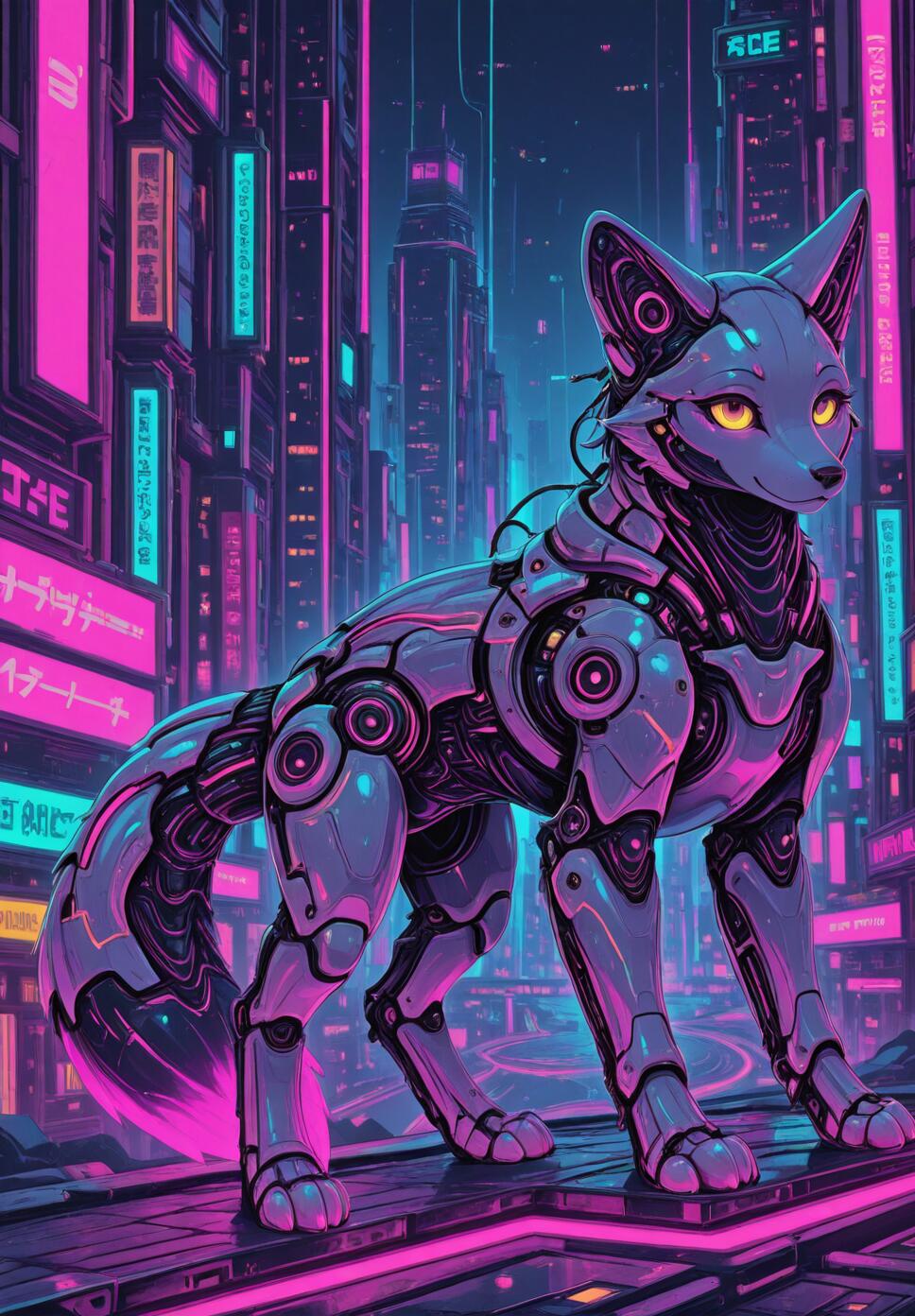 A futuristic robotic fox with a sleek metallic body and glowing cyan stripes standing on a neon-lit rooftop overlooking a cyberpunk cityscape.