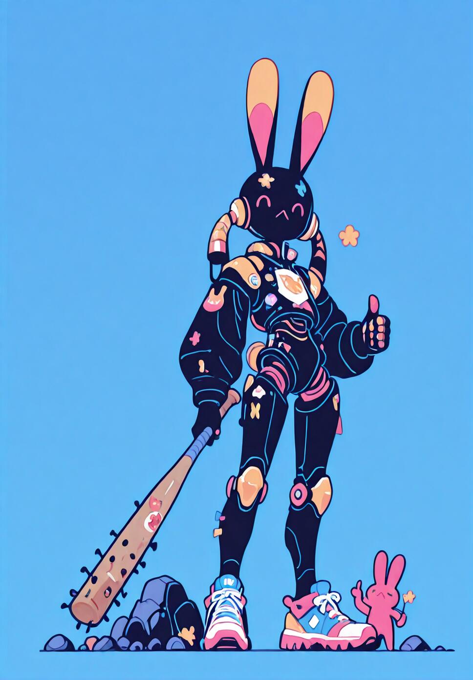 Flat vector illustration of a robotic rabbit with long ears, wearing sneakers and holding a nail bat, against a solid blue background.