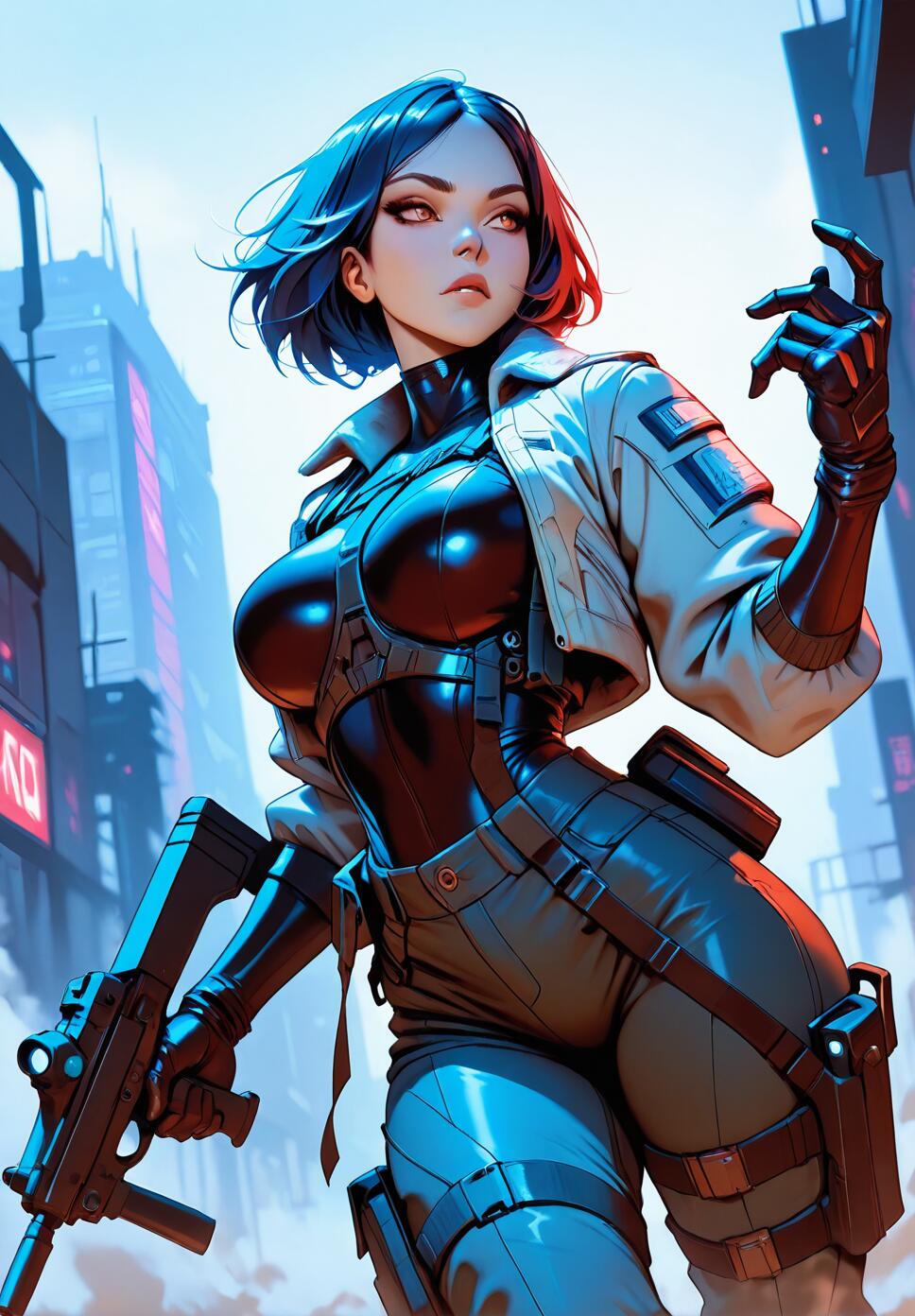 A futuristic female android in tactical combat gear holding a P90 submachine gun in a foggy, post-apocalyptic city.