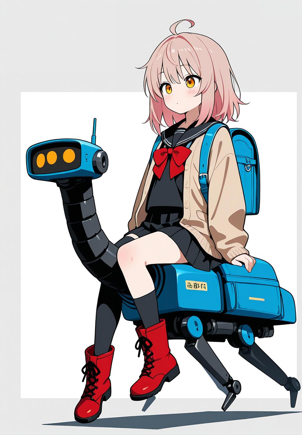 Flat vector illustration of a pink-haired girl in a school uniform riding a robot in a cyberpunk style.