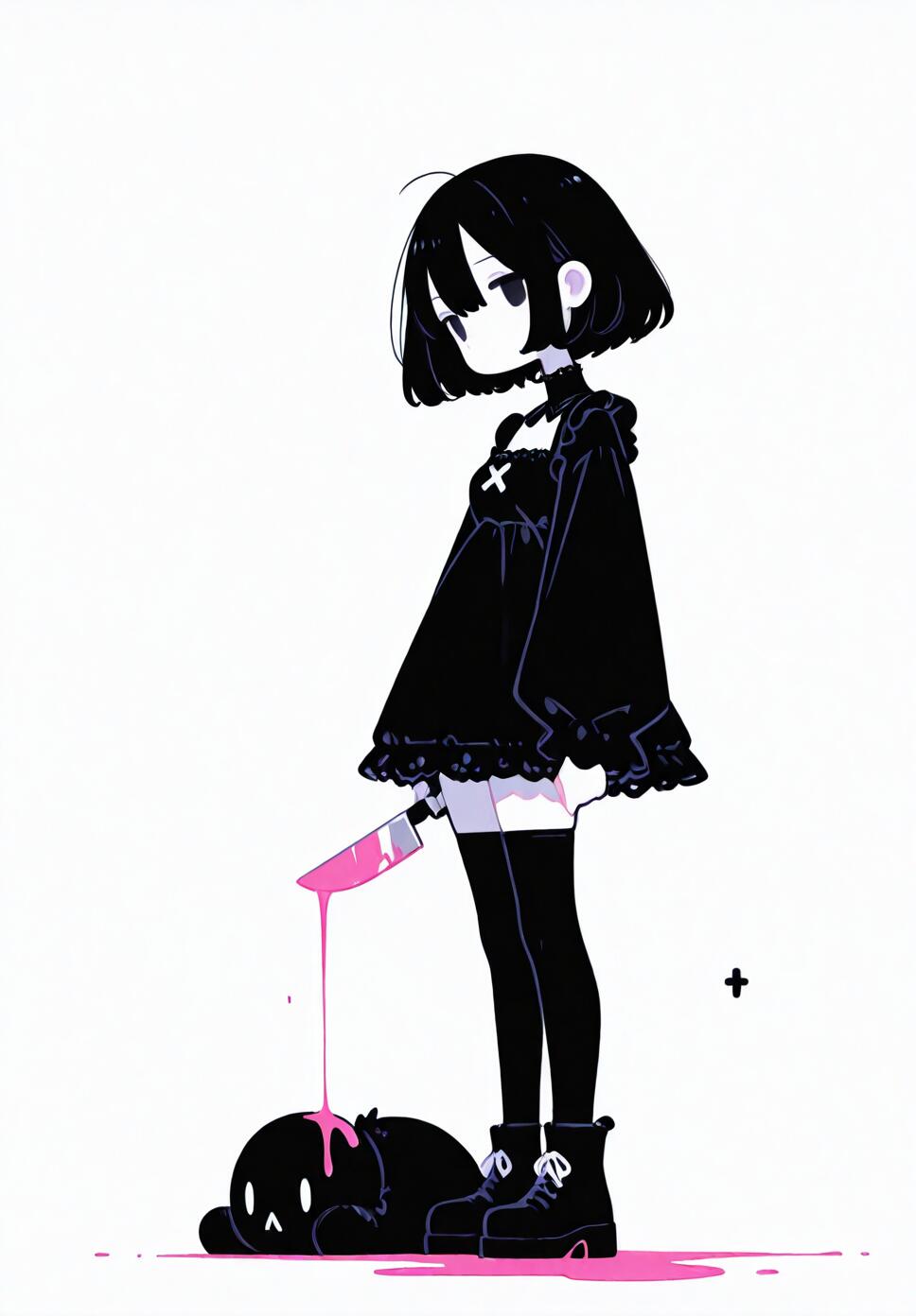 A minimalist monochrome illustration of a girl with a black bob cut in gothic frilled clothing holding a knife near a pink blood puddle on a white background.