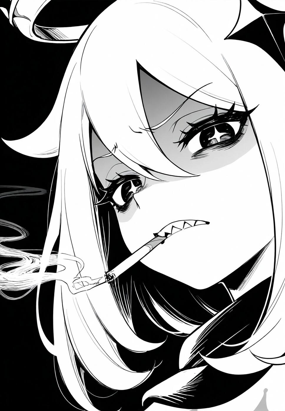 A monochrome, horror-themed sketch of Paimon from Genshin Impact, looking down with disgust, featuring dark eyes, sharp teeth, and smoking a cigarette.