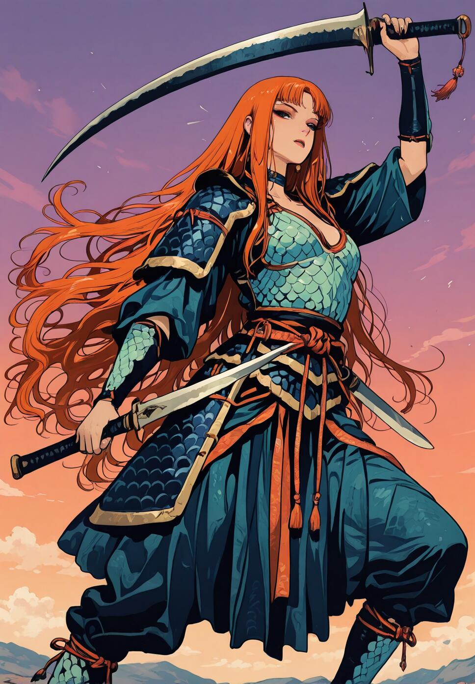 Anime illustration of an Asian warrior woman in dragon-scale armor holding a scimitar.