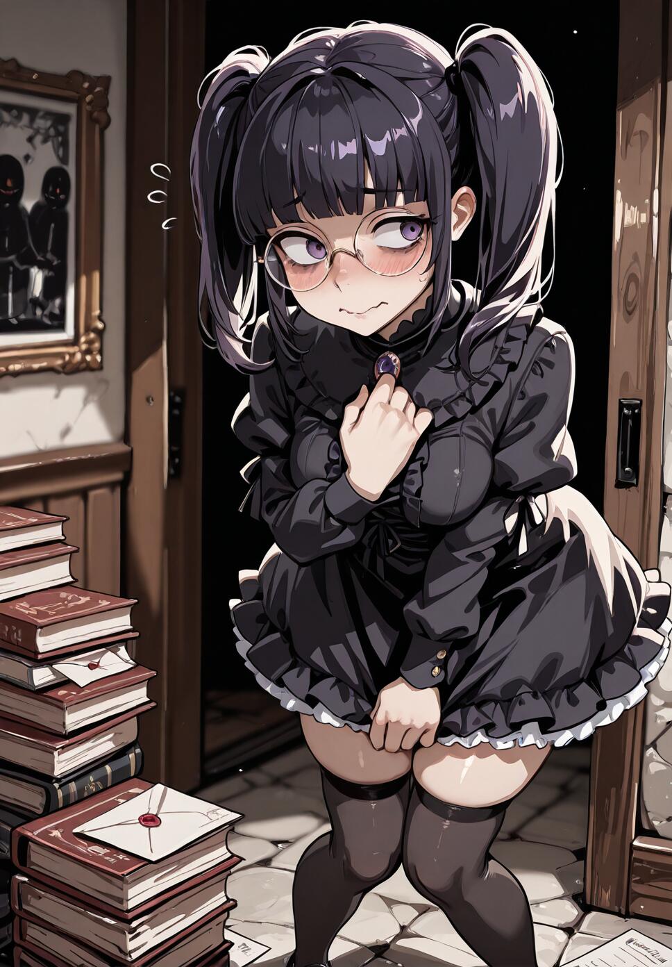 A fearful girl with black twintails and round glasses wearing a black gothic lolita dress in a dark, dilapidated house.