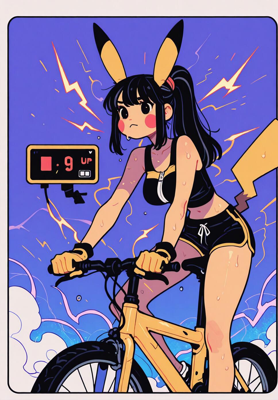 Flat vector illustration of a Pikachu-themed girl with black striped hair and a high ponytail, surrounded by lightning and electric energy.