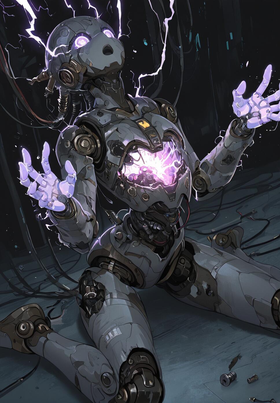 A damaged humanoid robot sitting on a floor amidst electrical cables, experiencing electric shocks and glowing light.