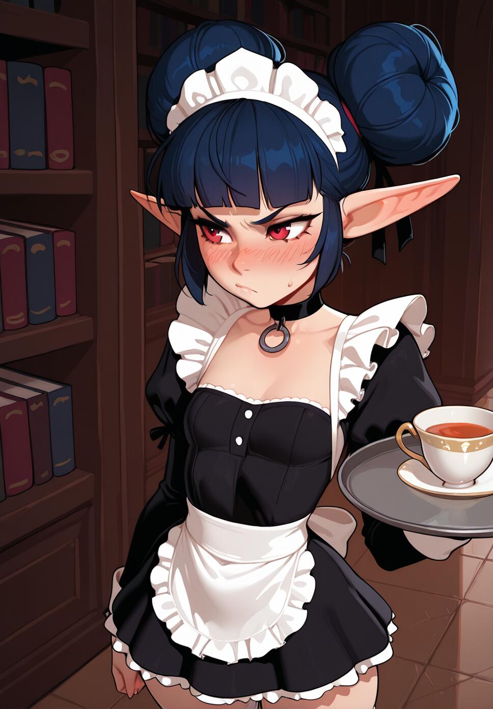 A beautiful elf maid with dark blue hair, red eyes, and a black choker, holding a tea tray in a medieval library.