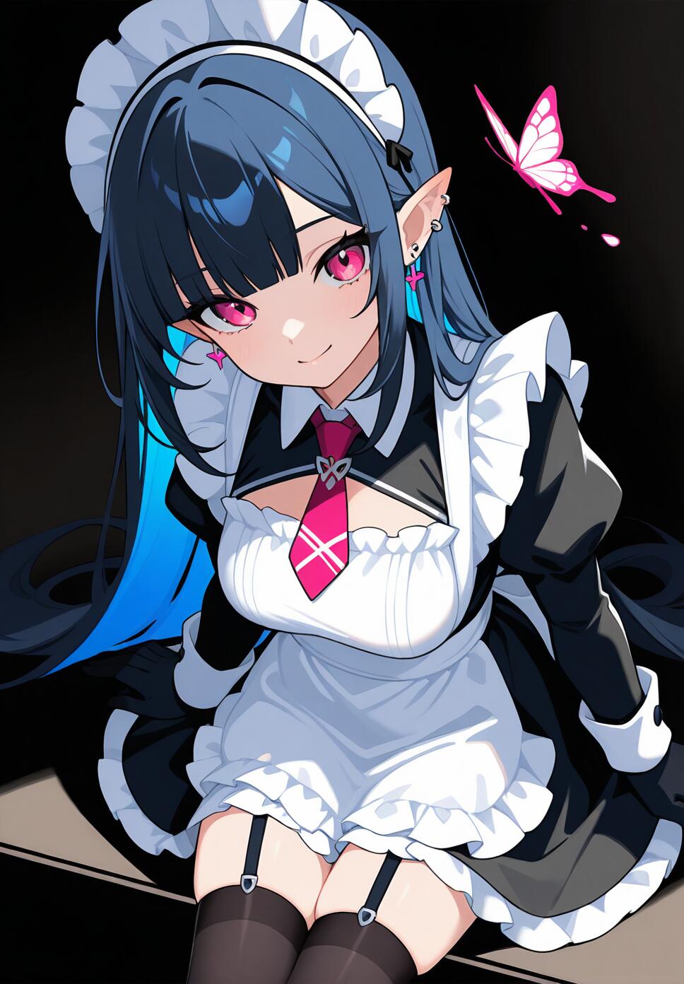 An elegant girl with long dark hair and pointy ears wearing a black and white maid outfit with a frilled apron, sitting in a dark setting with a butterfly.