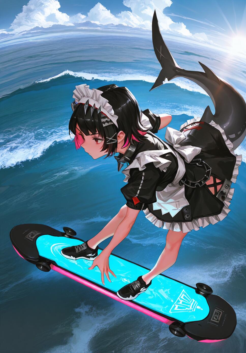 Ellen Joe from Zenless Zone Zero riding a futuristic hoverboard over ocean waves with her shark tail and neon-glowing maid attire visible.