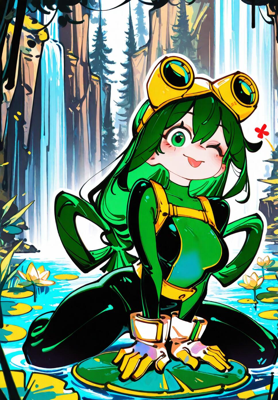 A girl with long green hair and green eyes, wearing a green and black multi-colored bodysuit and goggles, sitting on a large lily pad in a lush forest pond with a waterfall and cliffs in the background.