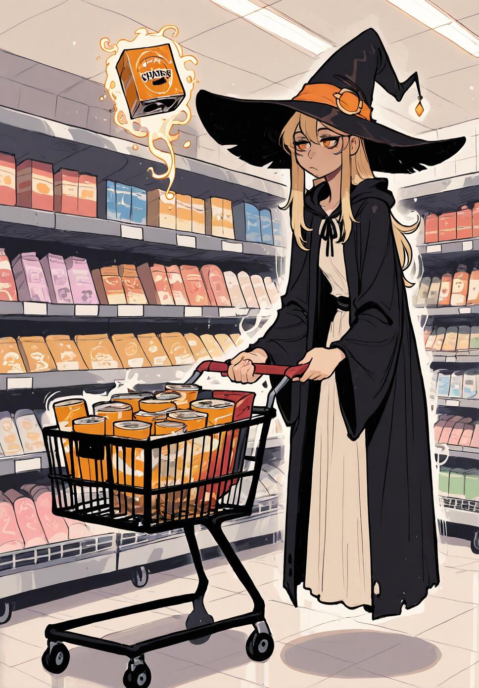 A blonde witch in mage robes and a large hat using magic to levitate cereal boxes in a supermarket aisle.