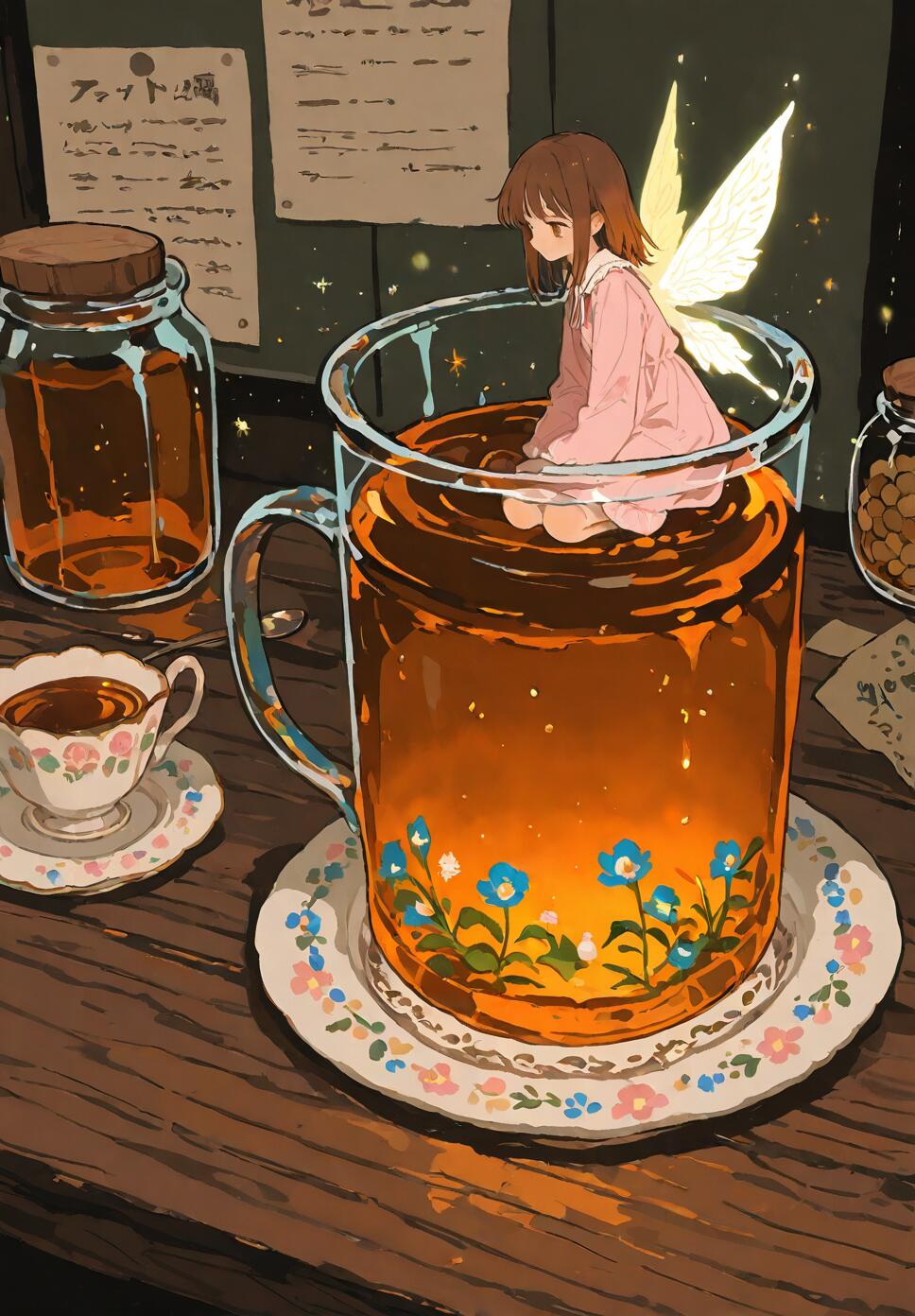 Two tiny fairies with brown hair and pink dresses in a magical vintage kitchen, one stirring a steaming teacup and the other hovering near floral jars and pecans.