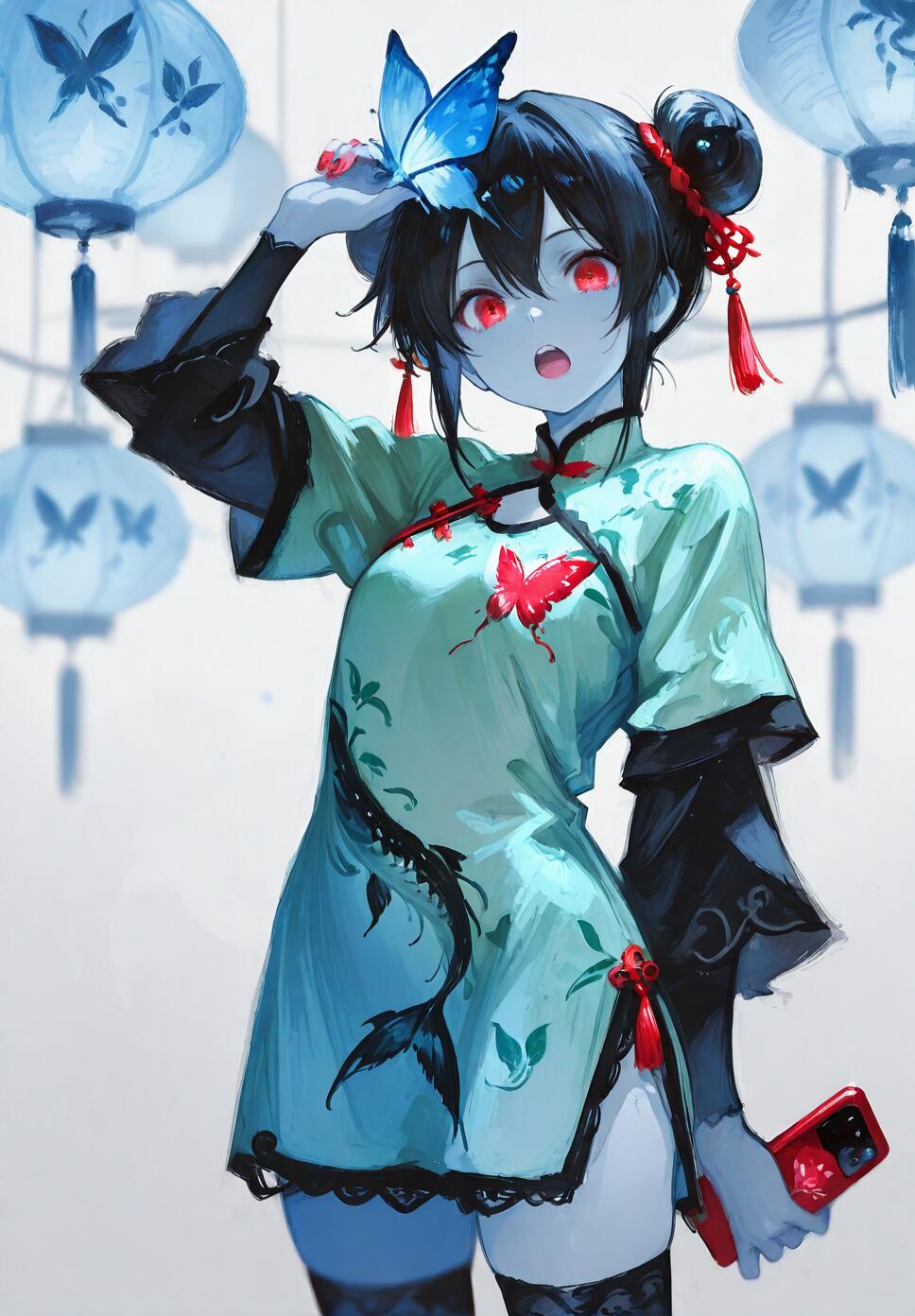 A girl with black hair in double buns and red eyes, wearing a green patterned China dress and holding a paper lantern and a phone.