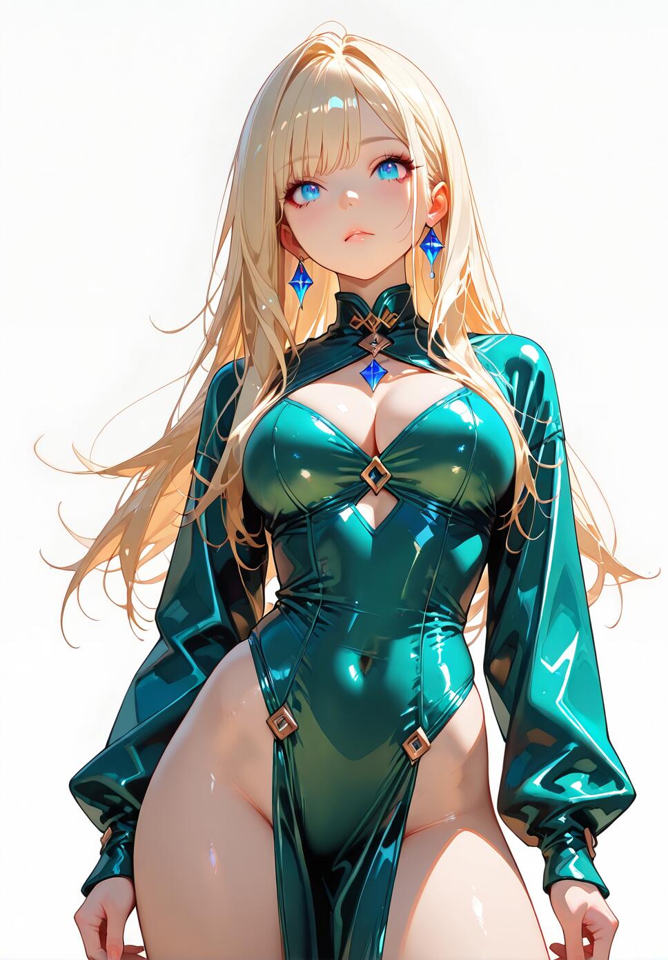 A highly detailed portrait of Envy from Fullmetal Alchemist wearing a vibrant green outfit with glowing particle effects and intense, detailed eyes.