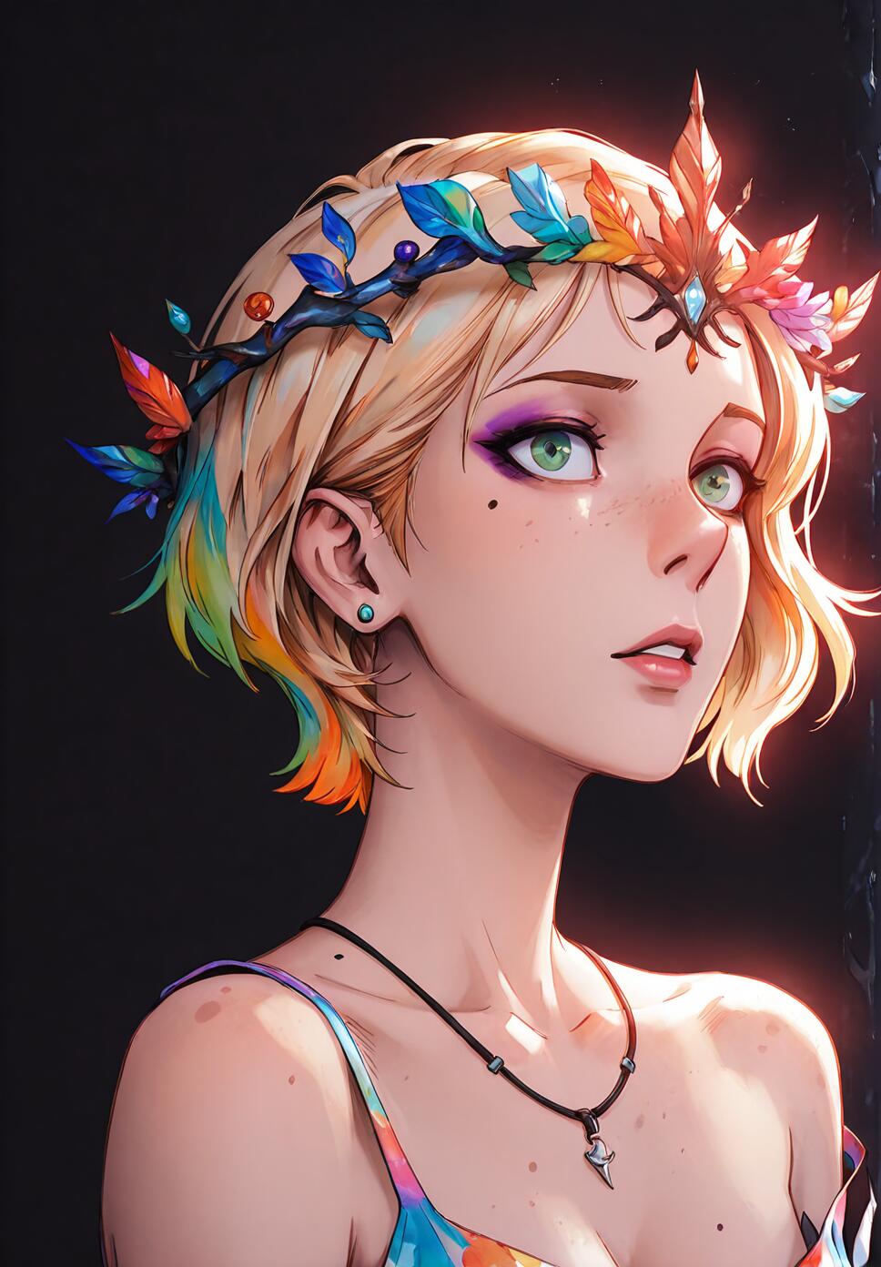 A vibrant watercolor illustration of Esil Radiru from Granblue Fantasy, featuring short blonde hair, green eyes, and intricate floral jewelry.