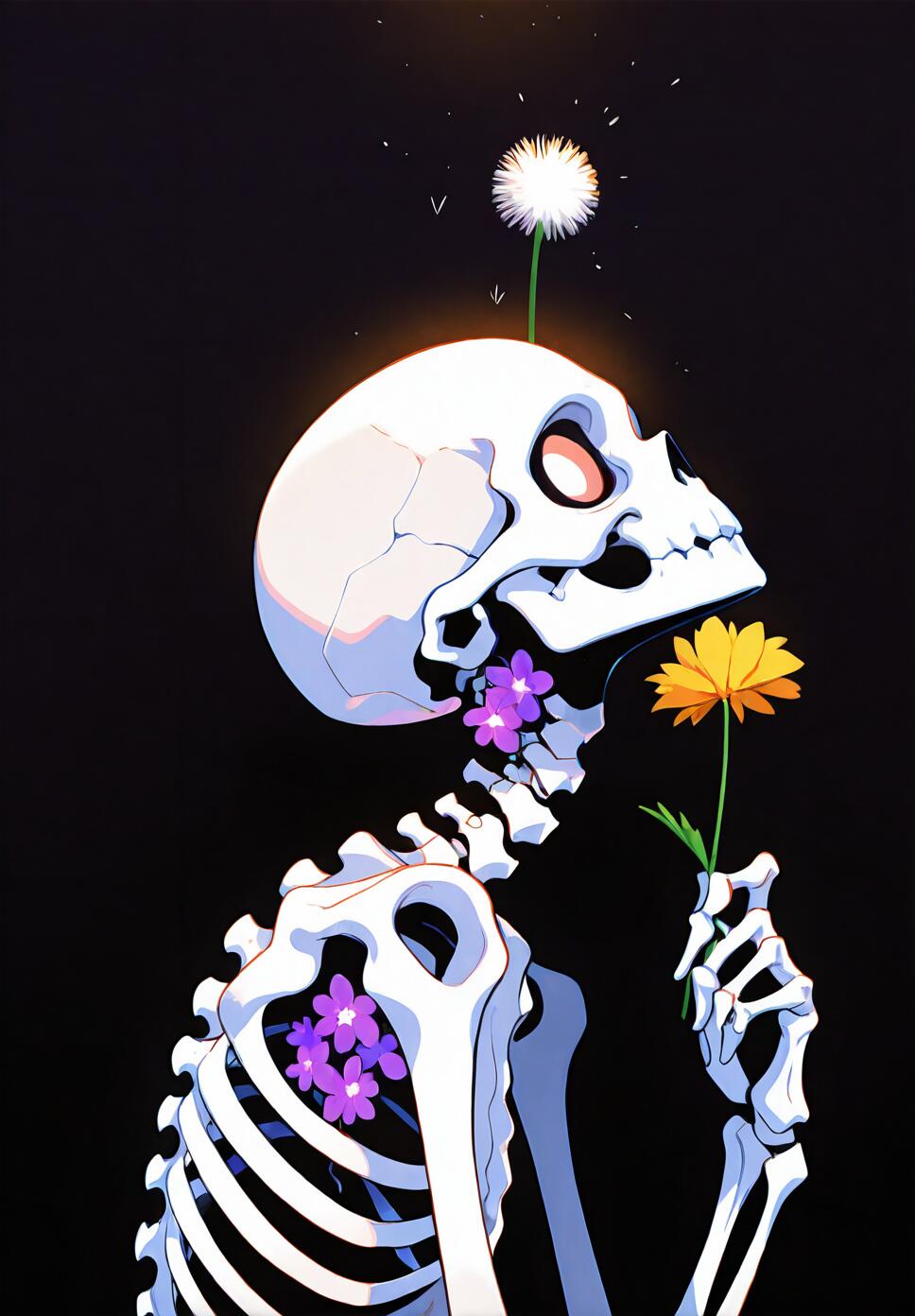A side view of a skeletal figure looking up while holding a bouquet of yellow, purple, and orange flowers and a dandelion.