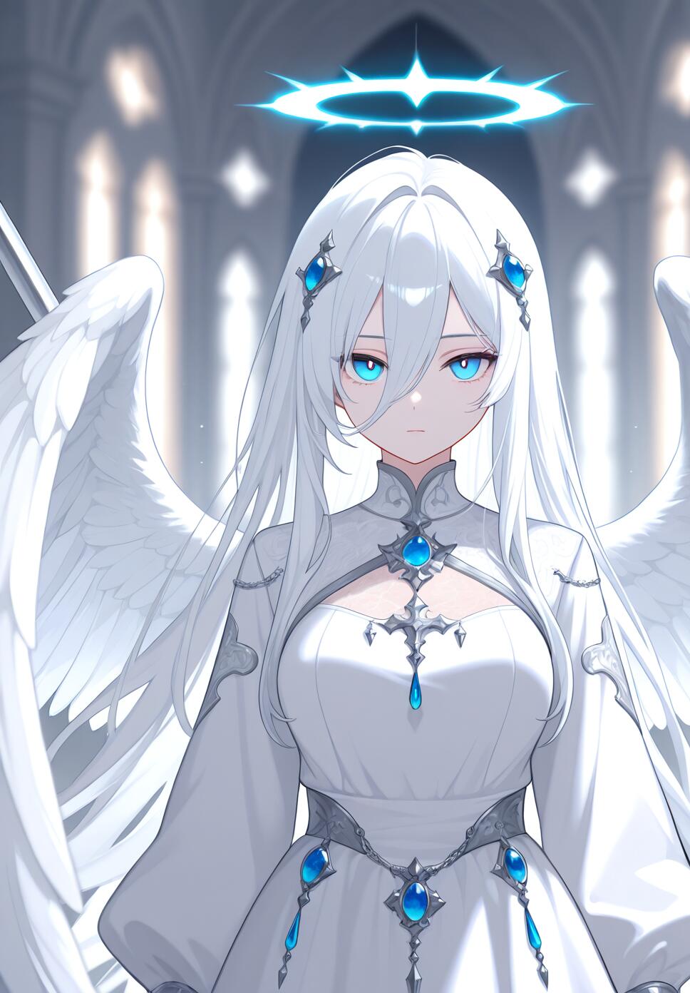 A serene angel with long white hair, blue eyes, and white feathered wings holding a polearm with a blue gemstone.